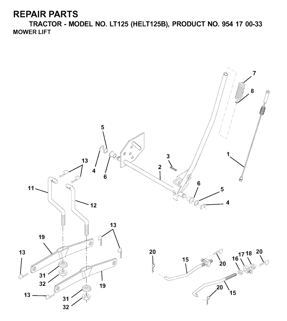 Mower Lift / Deck Lift Diagram and Parts List for LT125 (954170033-B)(2001-03) Husqvarna Lawn Tractor
