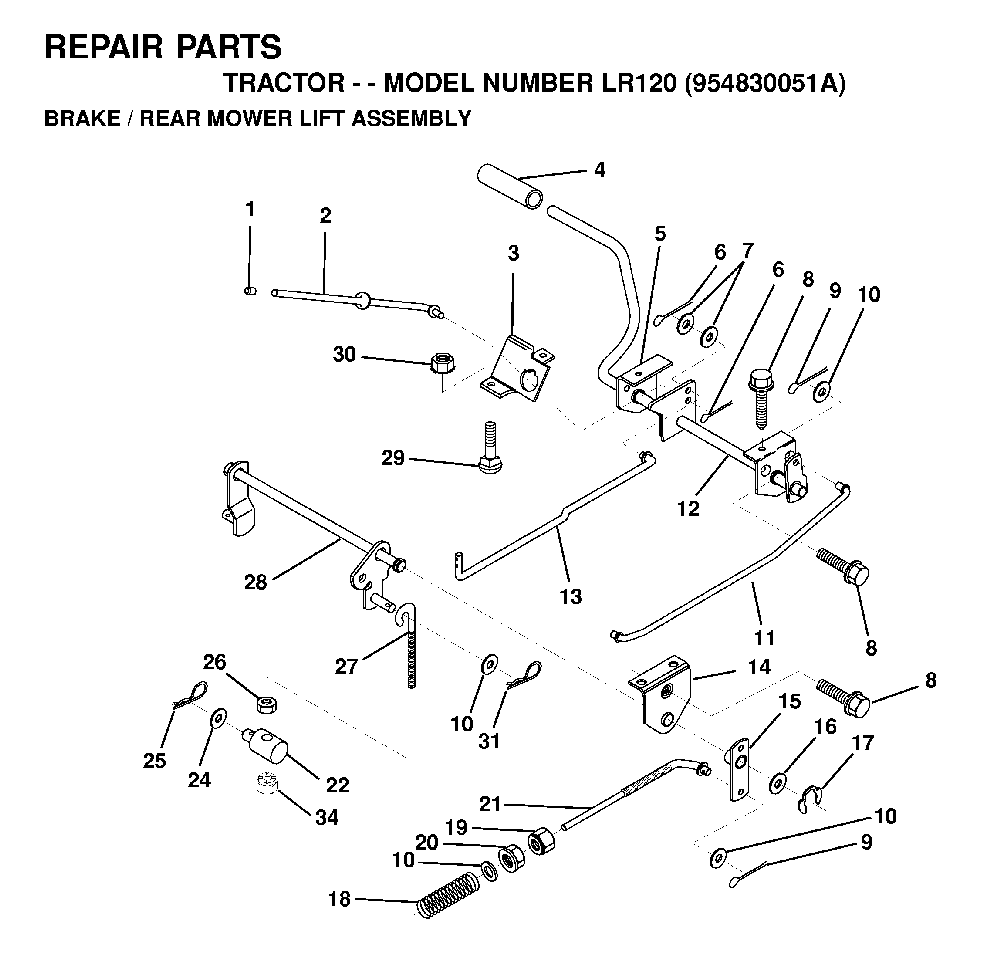 Brake / Rear Mower Lift Diagram and Parts List for LR120 (954830051A)(1995-08) Husqvarna Lawn Tractor