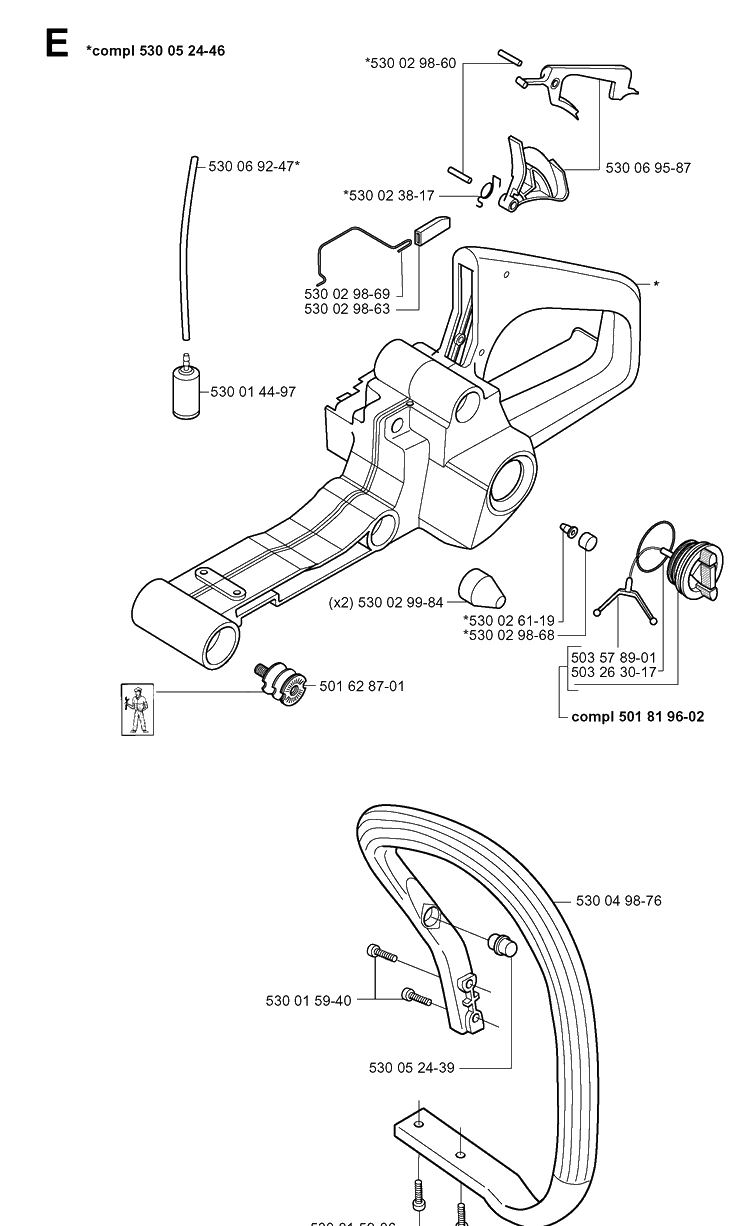 Fuel Tank And Handle Diagram and Parts List for 141 20013500001-20030100000 Husqvarna Chainsaw