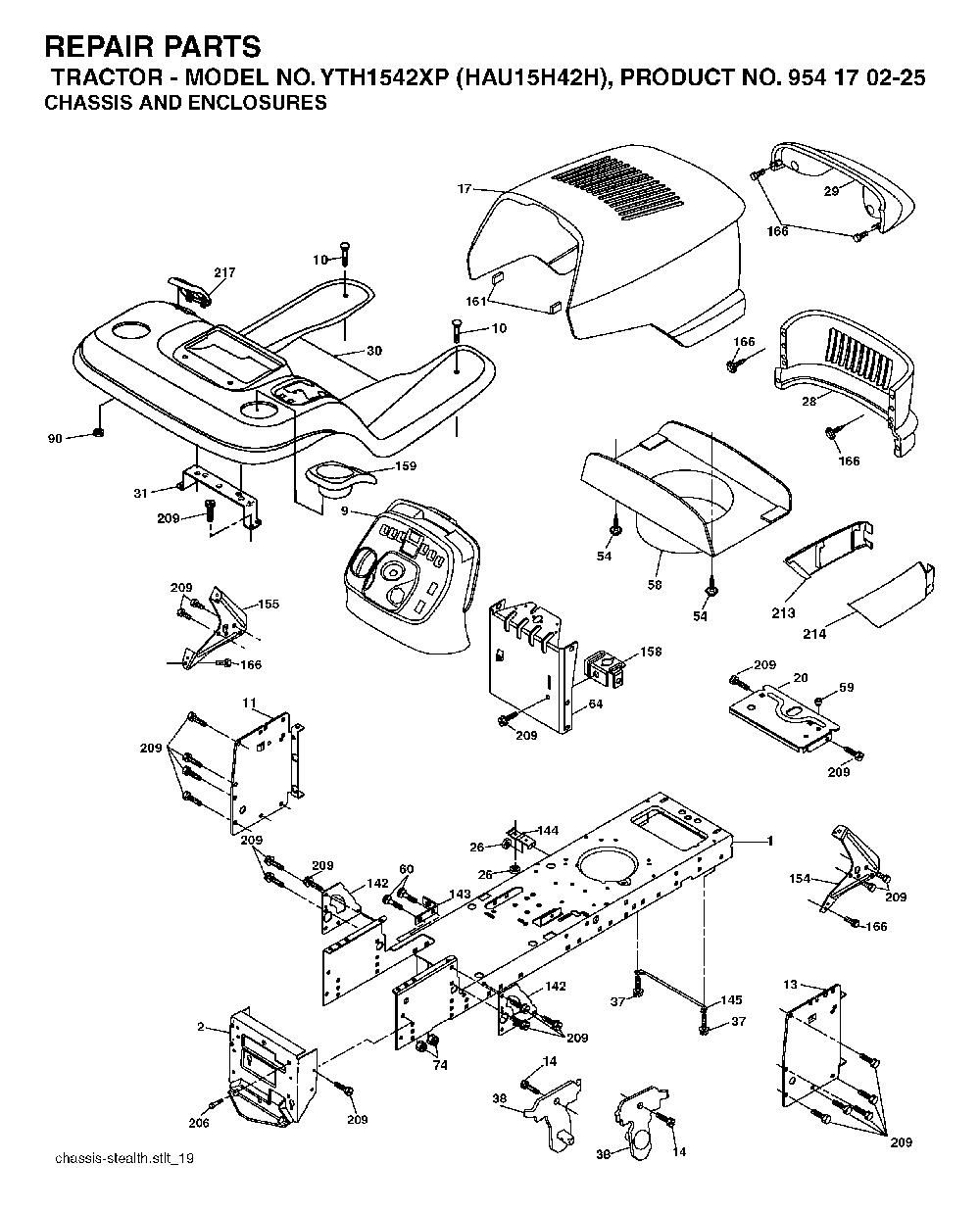 Chassis And Enclosures Diagram and Parts List for YTH1542XP (HAU15H42H, 954170225)(2004-09) Husqvarna Lawn Tractor