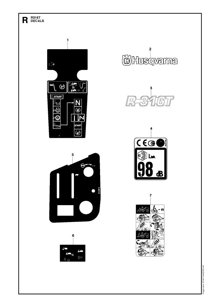 Decals Diagram and Parts List for R316T (966757501)(2012) Husqvarna Lawn Mower