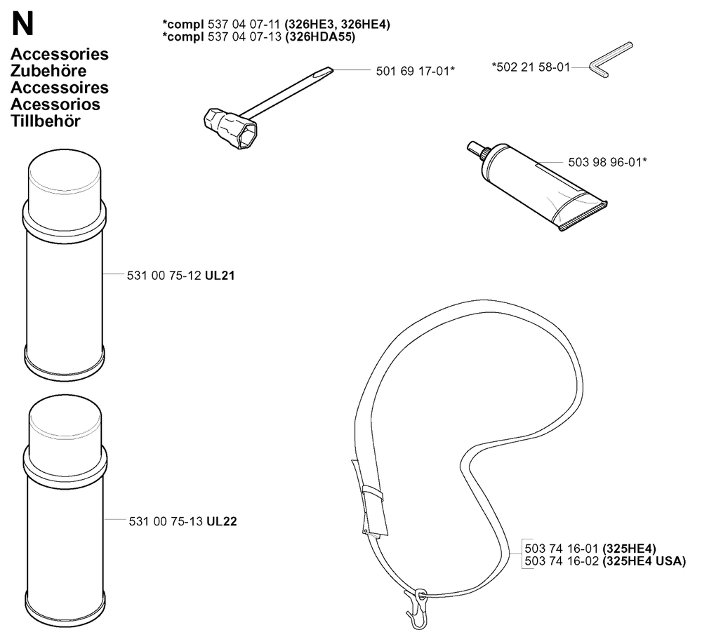 Accessories Diagram and Parts List for 326HE4X 20013500001 - 20033100000 Husqvarna Hedge Trimmer