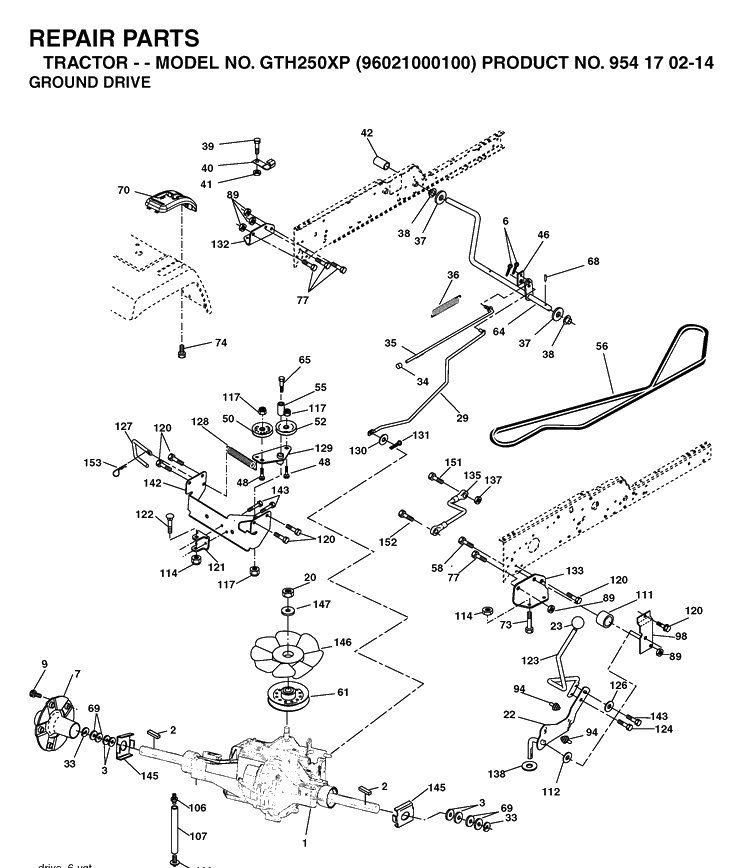 Drive Diagram and Parts List for GTH250XP (96021000100)(2005-01) Husqvarna Lawn Tractor