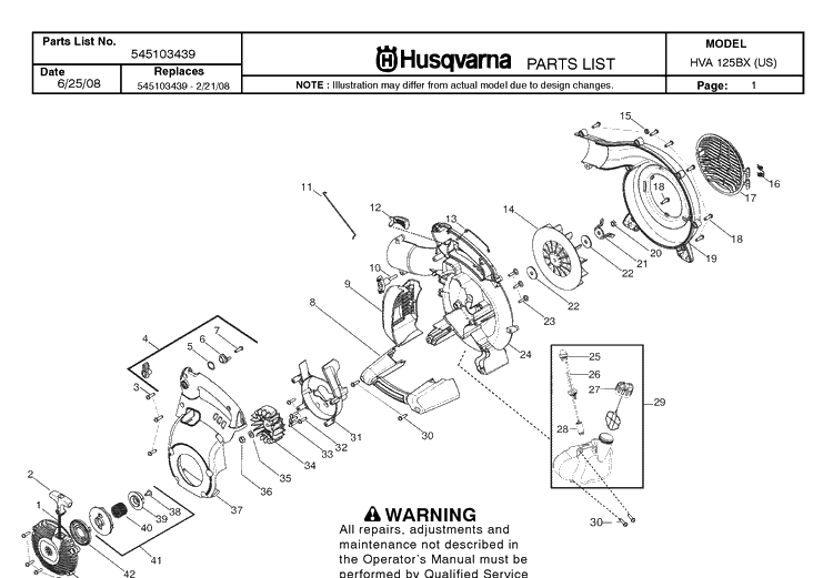 Product Complete Diagram and Parts List for 125BX 20082200001-Current Husqvarna Leaf Blower / Vacuum