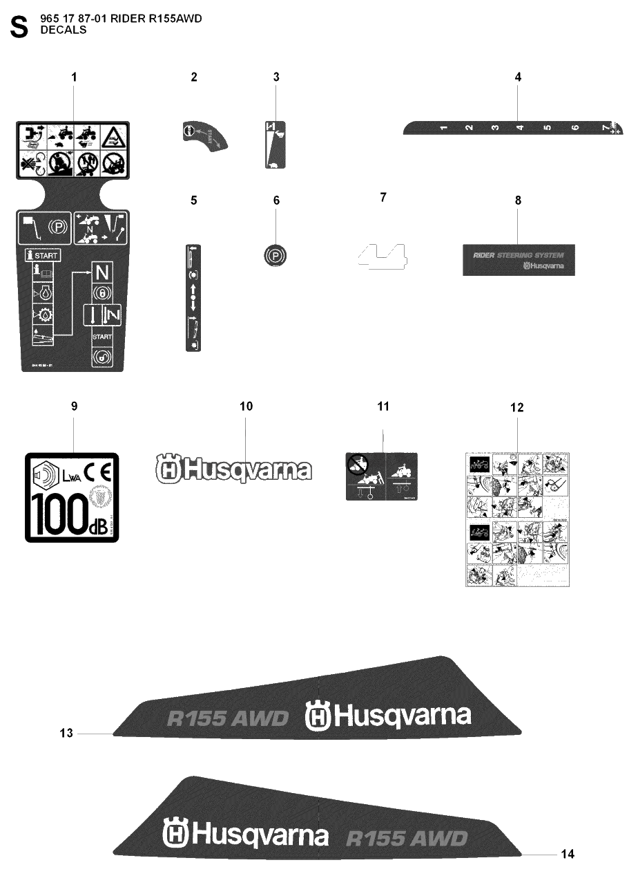 Decals Diagram and Parts List for R155AWD (965178701)(2007-03) Husqvarna Lawn Tractor
