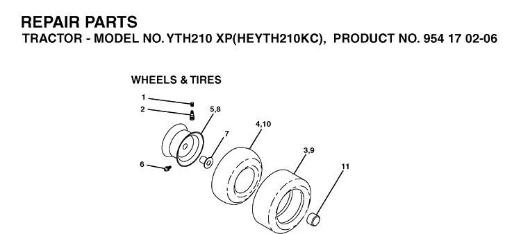 Wheels And Tires Diagram and Parts List for YTH210XP (HEYTH210KC)(2004-06) Husqvarna Lawn Tractor