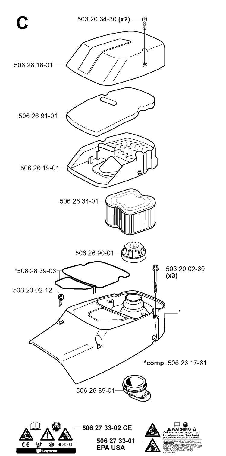 Air Filter Diagram and Parts List for 371K 2002-01 Husqvarna Lawn Tractor Accessories