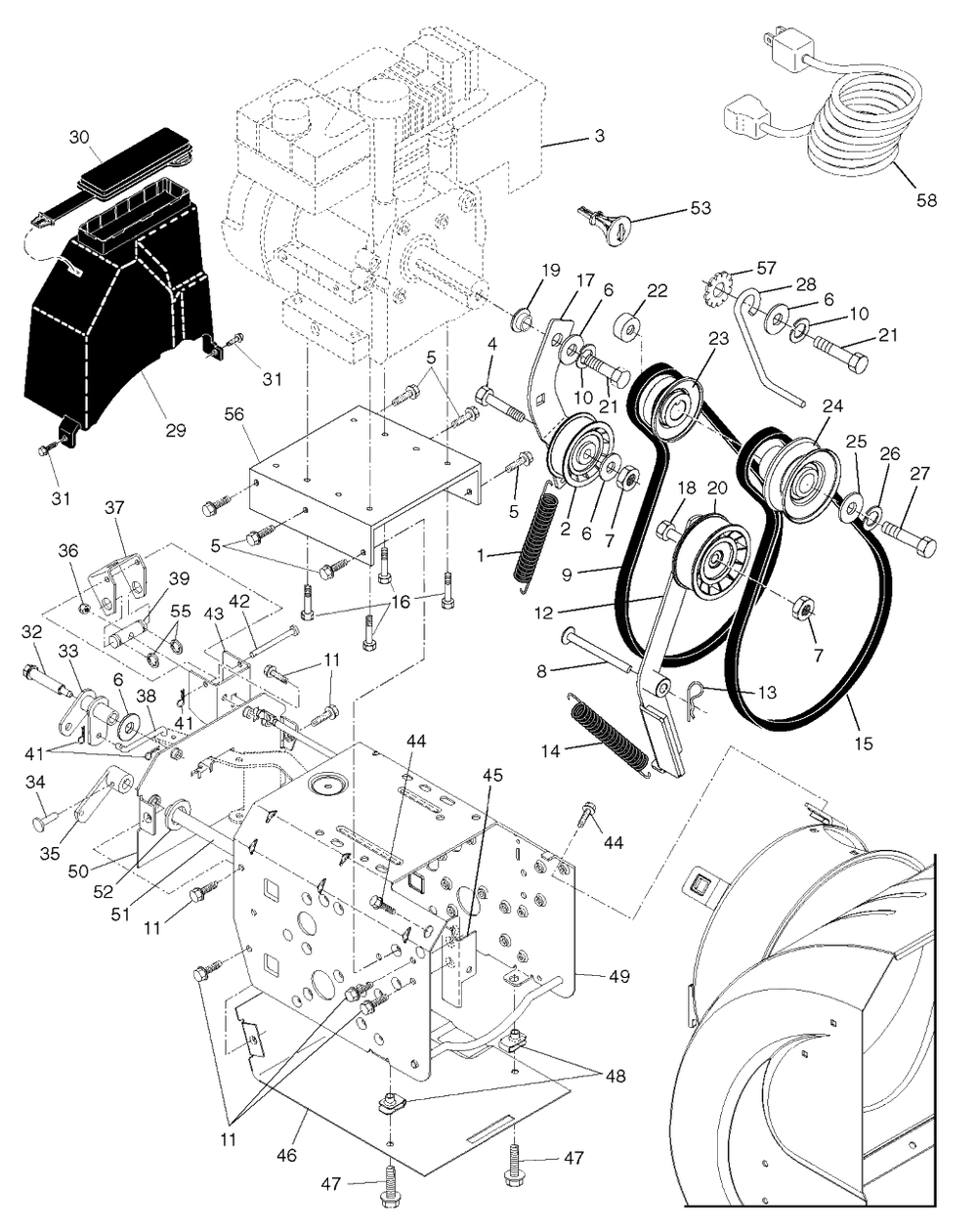 Chassis, Engine And Pulleys Diagram and Parts List for 9027STE (961910003-01)(2012-11) Husqvarna Snow Blower