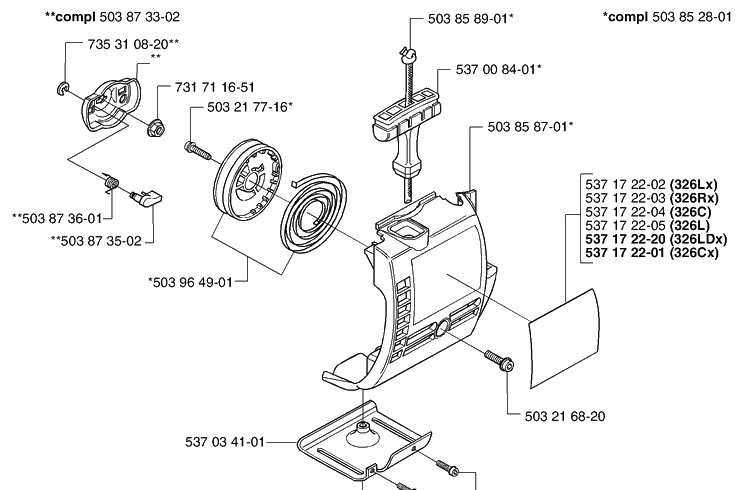 Starter Diagram and Parts List for 326L 2002-08 Husqvarna Brush Cutter