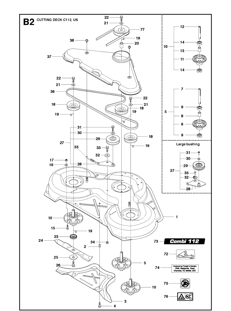 44 Inch/112cm Cutting Deck Diagram and Parts List for R322T AWD Husqvarna Lawn Mower