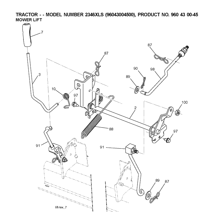 Mower Lift / Deck Lift Diagram and Parts List for 2346XLS (96043004500)(2007-12) Husqvarna Lawn Tractor
