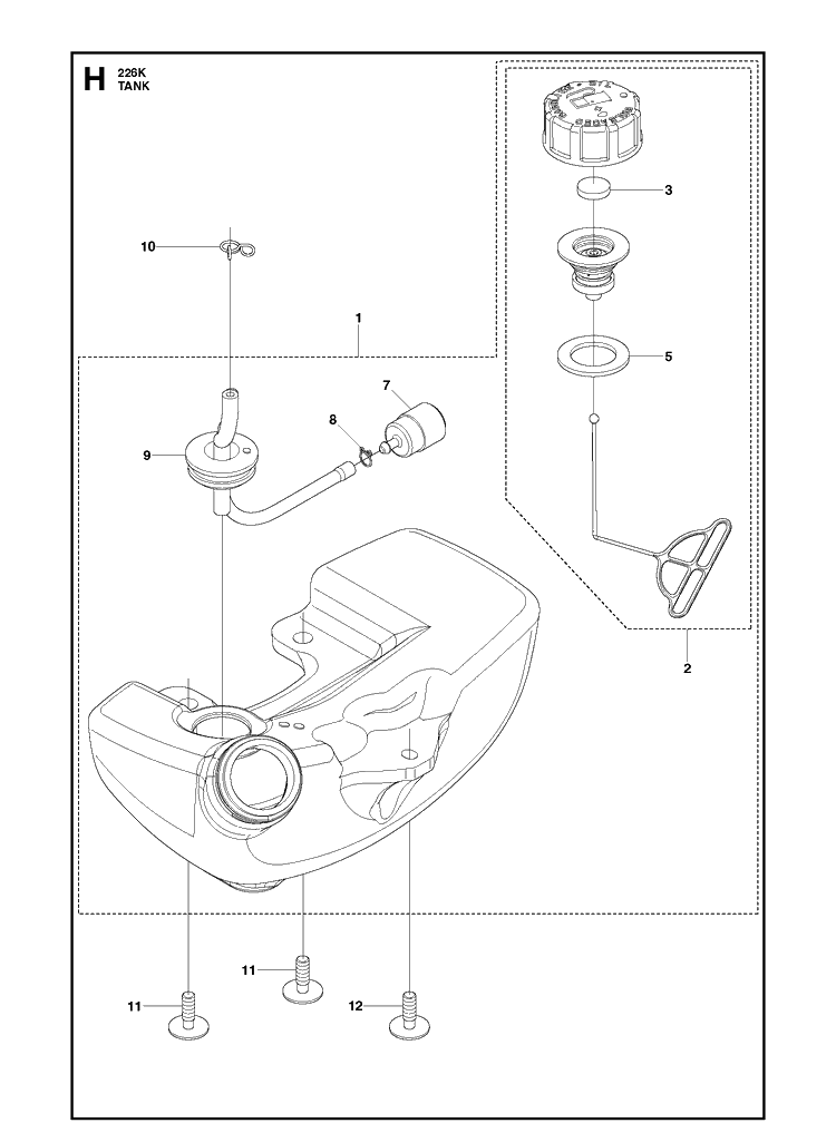 Fuel Tank Diagram and Parts List for 226K  Husqvarna Brush Cutter