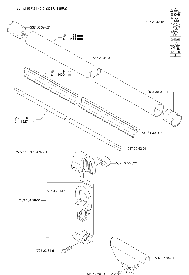 Shaft / Tube Diagram and Parts List for 335RX 2006-05 Husqvarna Trimmer