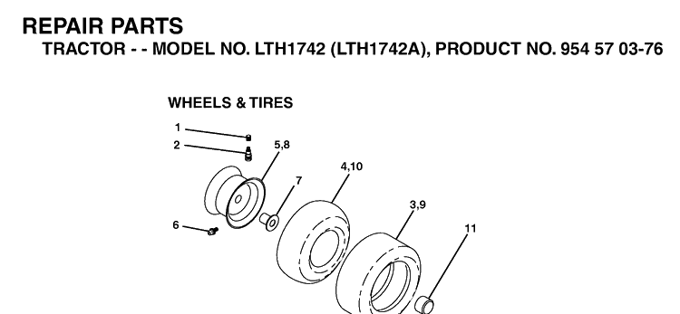 Wheels And Tires Diagram and Parts List for LTH1742-LTH1742A 2002-11 Husqvarna Lawn Tractor