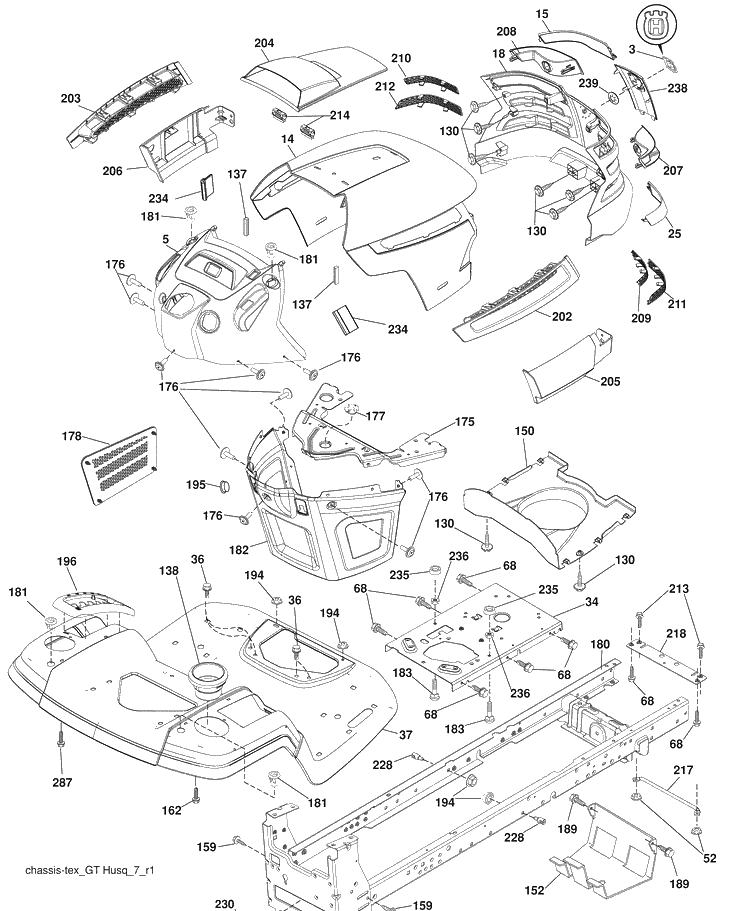 Chassis Diagram and Parts List for YTH20K46 (9604500040)(2008-07) Husqvarna Lawn Mower