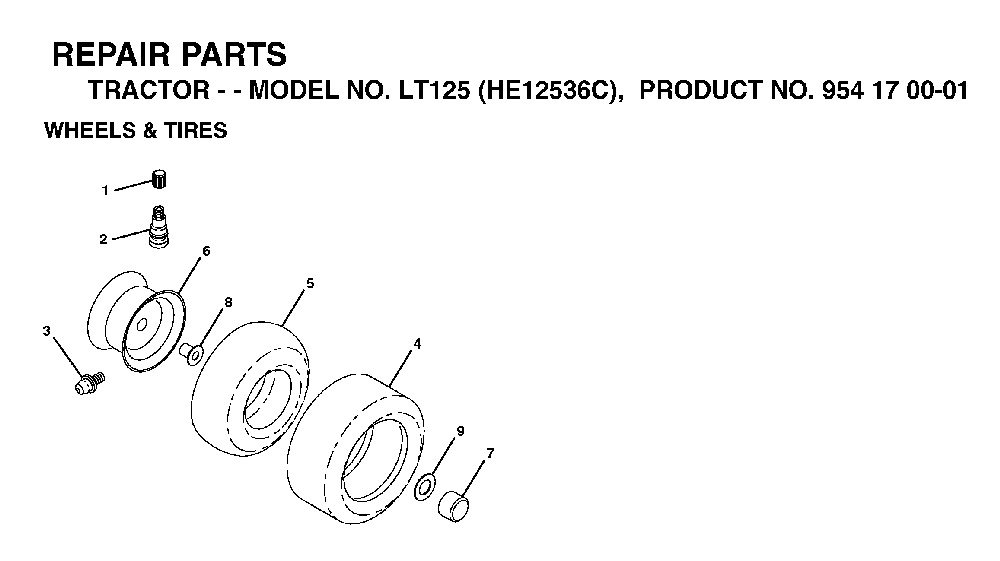 Wheels And Tires Diagram and Parts List for LT125 (HE12536C, 954170001)(1998-03) Husqvarna Lawn Tractor