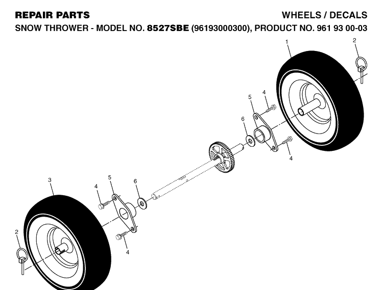 Wheels And Tires Diagram and Parts List for 8527SBE (927SBE)(2006-05) Husqvarna Snow Blower
