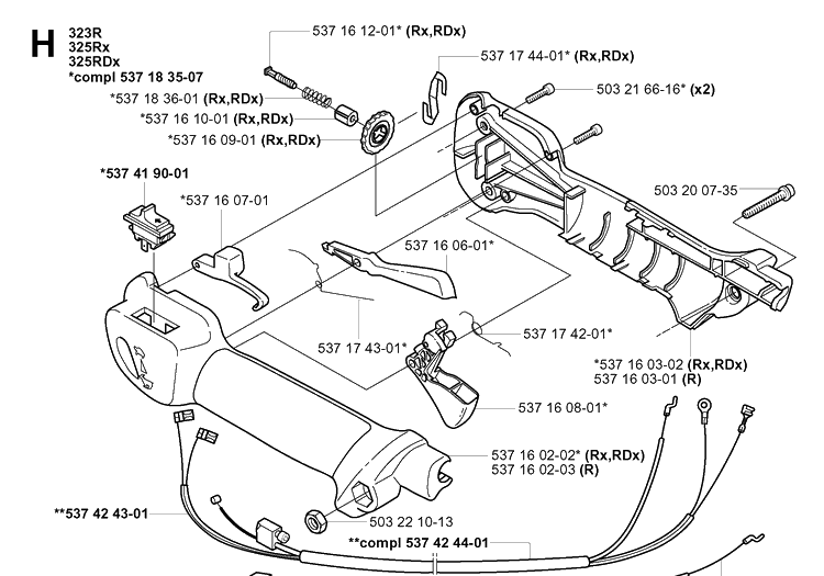 Handle And Controls Diagram and Parts List for 325RDX 20051800001-Current Husqvarna Brush Cutter