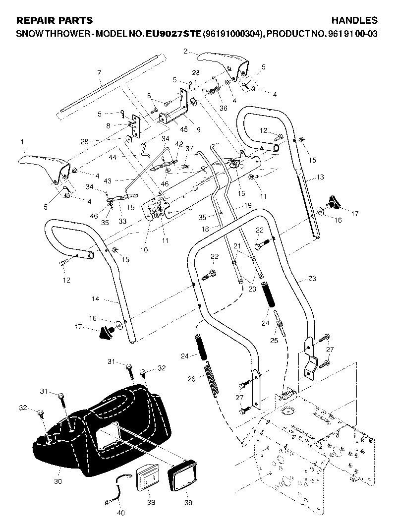 Handle And Controls Diagram and Parts List for 9027STE (961910003-04)(2007-01) Husqvarna Snow Blower