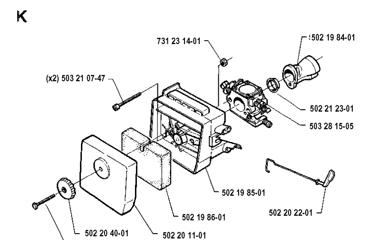 Carburetor And Air Filter Diagram and Parts List for 235R 19914800001-19930600000 Husqvarna Brush Cutter