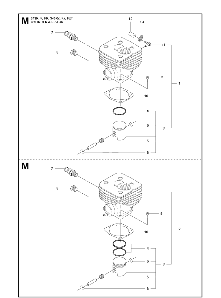 Cylinder Piston 2 Diagram and Parts List for 343FR  Husqvarna Brush Cutter