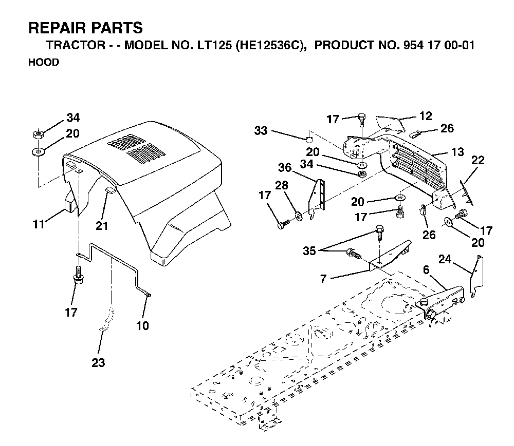 Hood Diagram and Parts List for LT125 (HE12536C, 954170001)(1998-03) Husqvarna Lawn Tractor