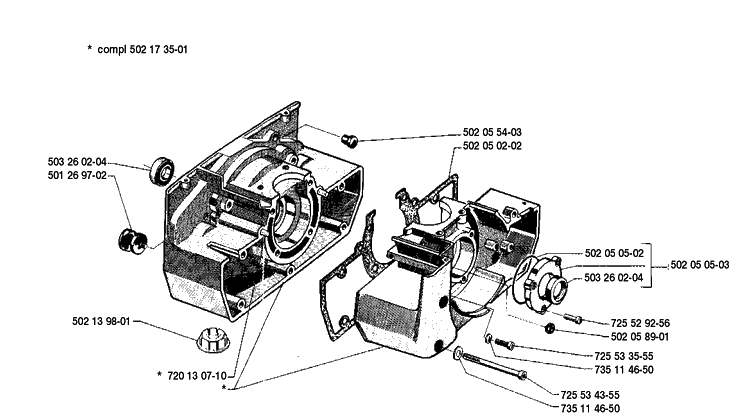 Crankcase Assembly Diagram and Parts List for 250RX 1989-08 Husqvarna Brush Cutter