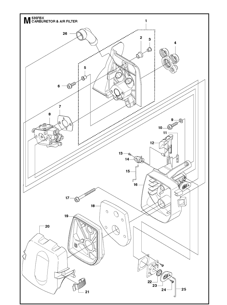 Carburetor And Air Filter Diagram and Parts List for 535FBX  Husqvarna Brush Cutter