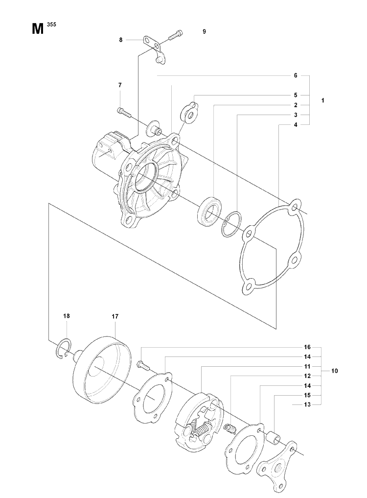Clutch Diagram and Parts List for 355FX 20082700001-20192999999 Husqvarna Brush Cutter