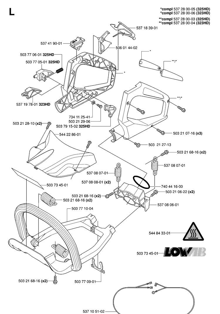 Handle And Controls Diagram and Parts List for 325HD75 (X-SERIES)(20062300001-20081400000) Husqvarna Hedge Trimmer