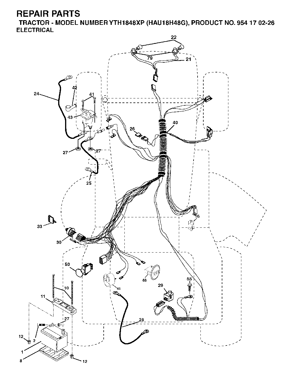 Electrical Diagram and Parts List for YTH1848XP (HAU18H48G, 954170226)(2004-09) Husqvarna Lawn Tractor