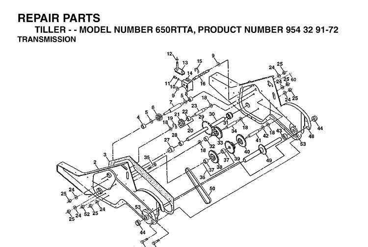 Transmission Diagram and Parts List for 650RTT (954329172)(2003-01) Husqvarna Cultivator
