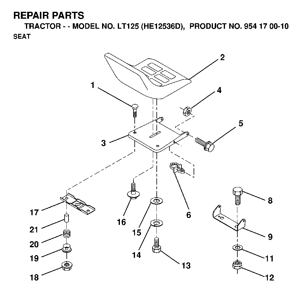 Seat Diagram and Parts List for LT125 (HE12536D, 954170010)(1998-12) Husqvarna Lawn Tractor