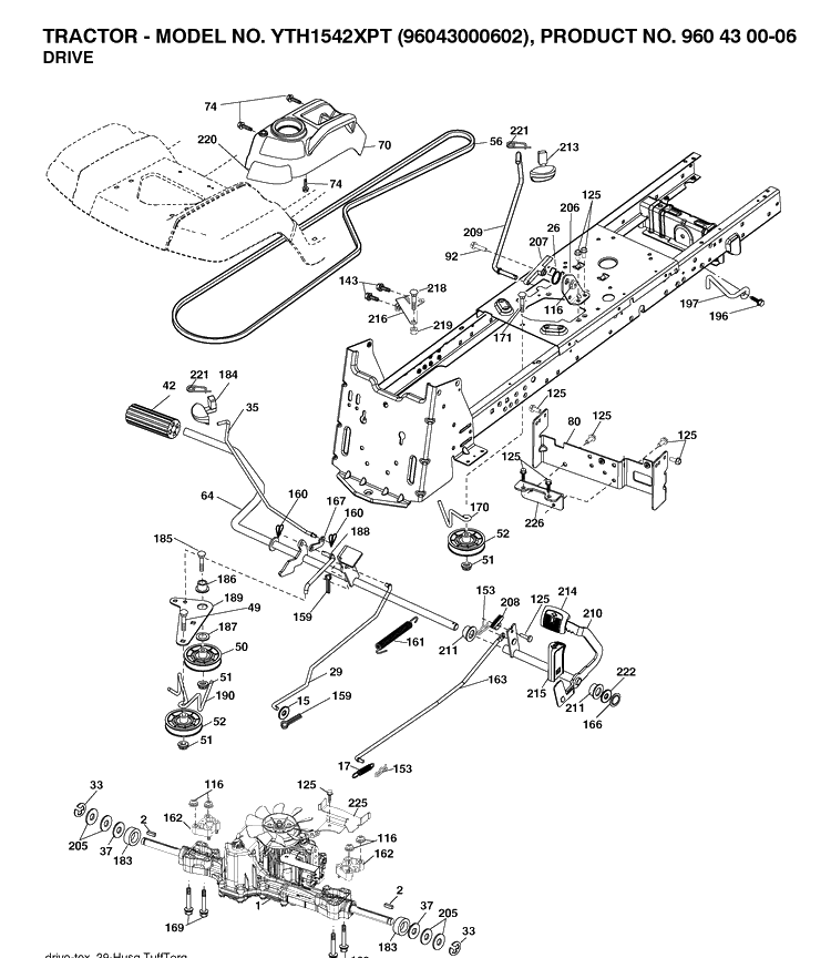 Drive Diagram and Parts List for YTH1542XP (96043000602)(2006-10) Husqvarna Lawn Tractor