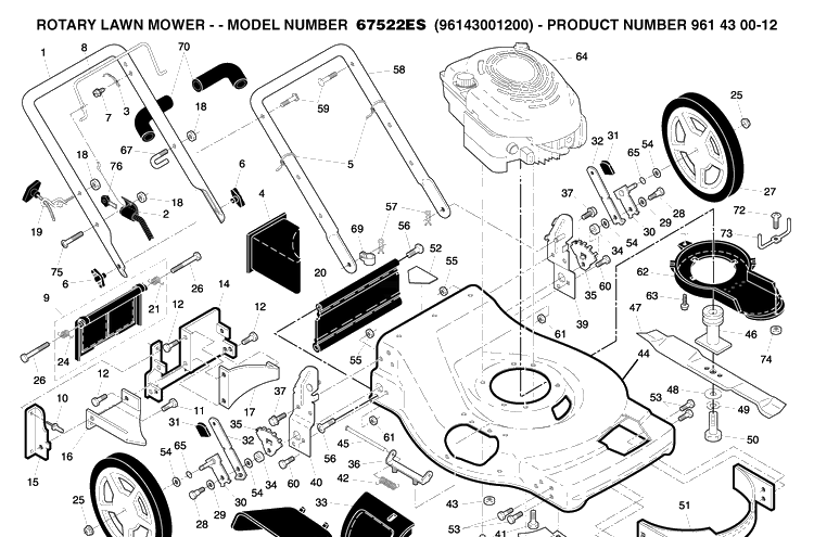 Repair Parts Diagram and Parts List for 67522ES (96143001200)(2005-11) Husqvarna Lawn Mower