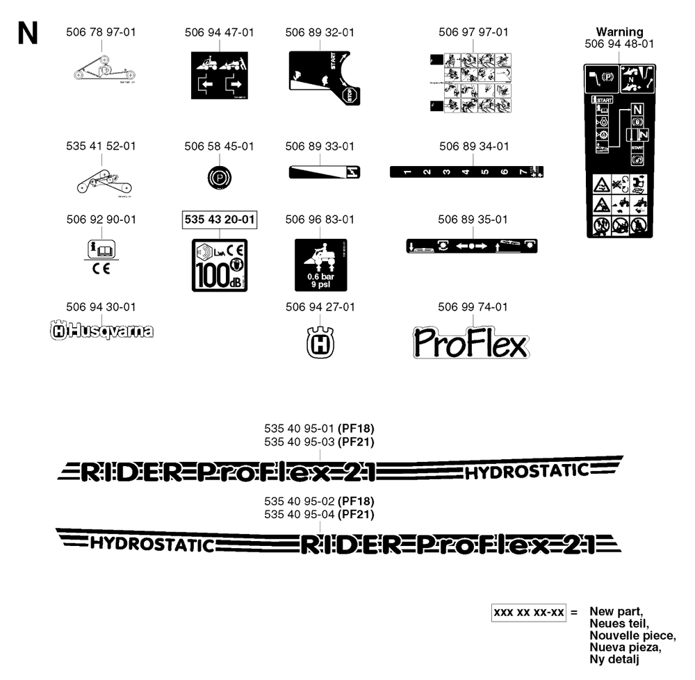 Decals Diagram and Parts List for PF21 2002-05 Husqvarna Lawn Tractor