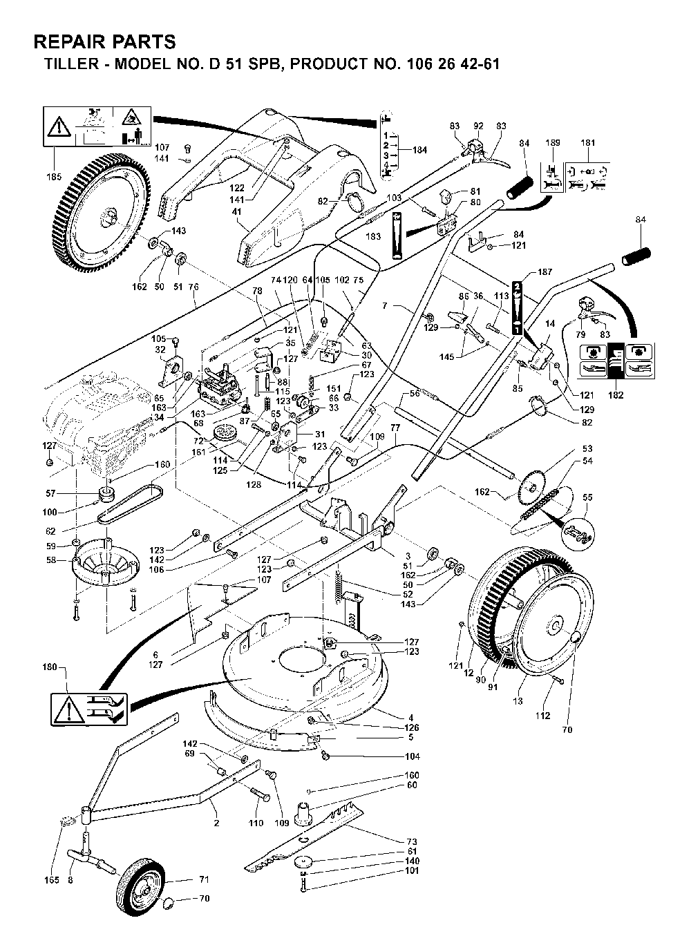 Product Complete Diagram and Parts List for D51SPB (106264261)(2001-04) Husqvarna Tiller