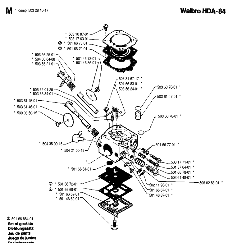Carburetor Details Diagram and Parts List for 242 19900100001-19941400000 Husqvarna Chainsaw