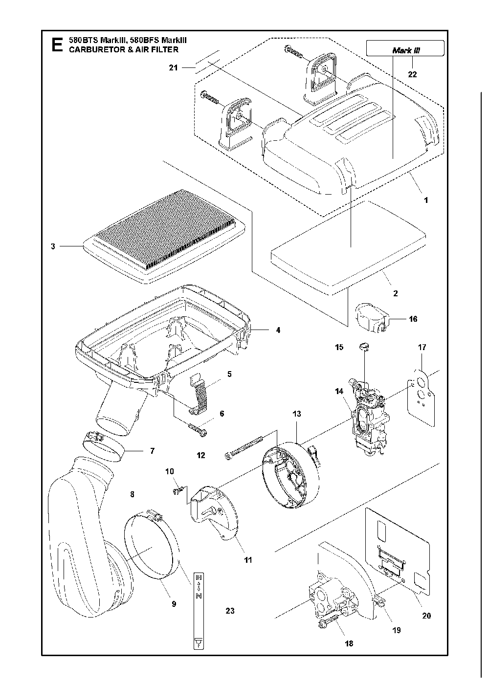 Carburetor And Air Filter Diagram and Parts List for 580BFSMARKIII 580BTS Mark III Husqvarna Leaf Blower / Vacuum