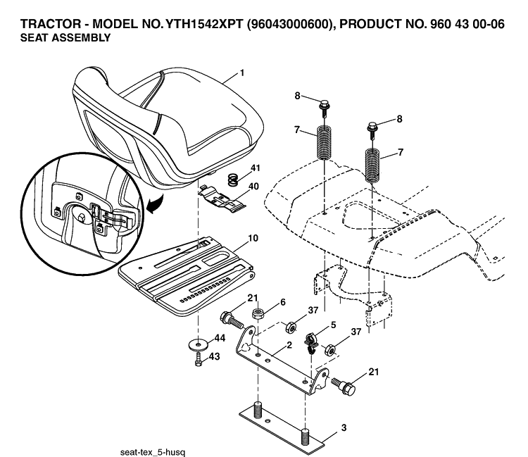 Seat Diagram and Parts List for YTH1542XP (96043000600)(2006-01) Husqvarna Lawn Tractor