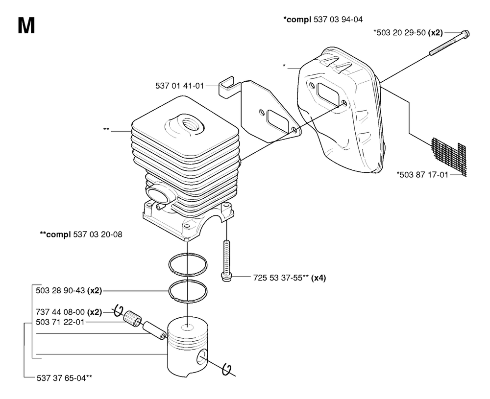 Cylinder, Piston And Muffler Diagram and Parts List for 325HDA55X 20054000001 & Above Husqvarna Hedge Trimmer
