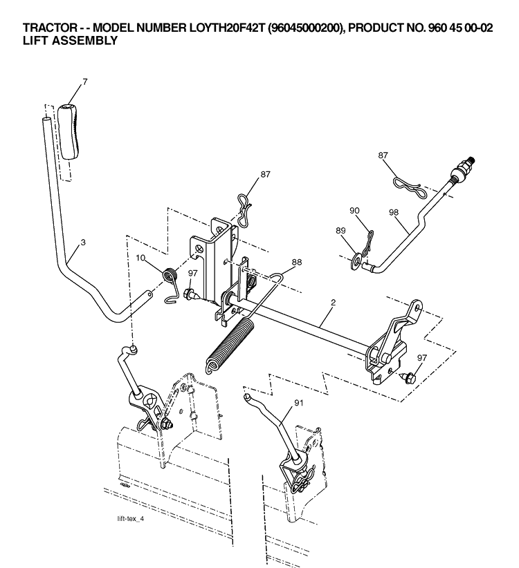 Mower Lift / Deck Lift Diagram and Parts List for LOYTH20F42T (96045000200)(2006) Husqvarna Lawn Tractor