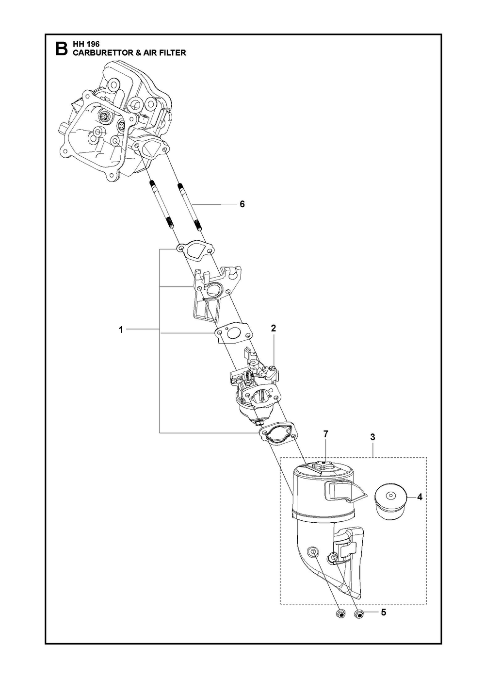 Carburetor And Air Filter Diagram and Parts List for HH196587981301 587981302, 587981303, 587981304 Husqvarna Engine