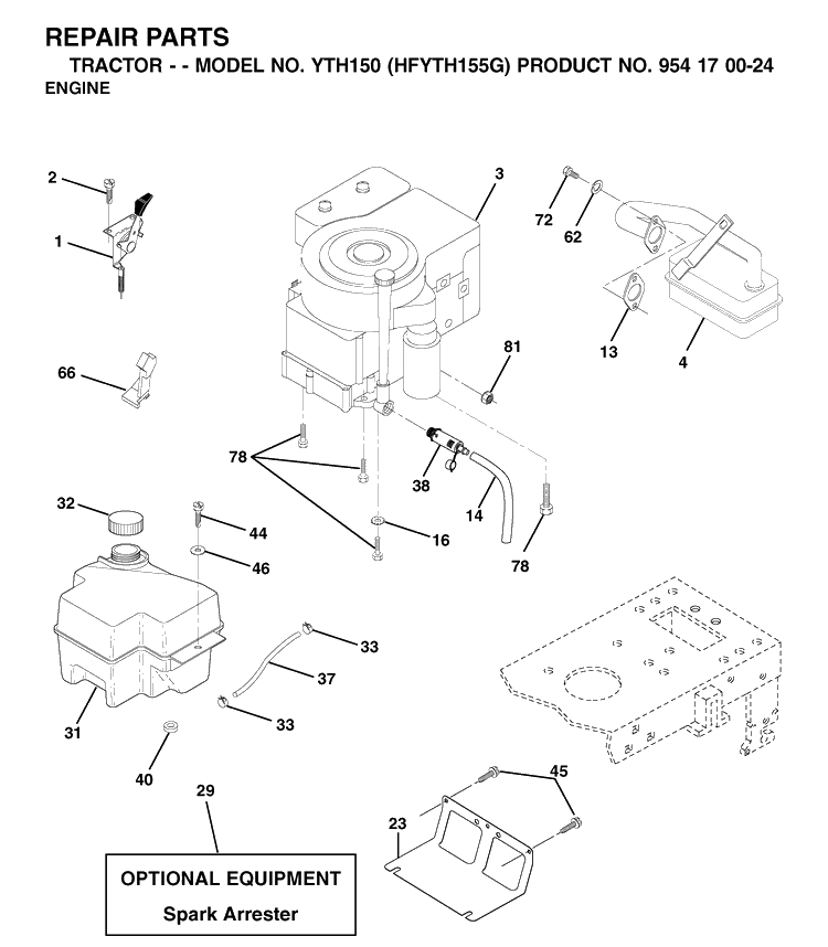 Engine And Cutting Equipment Diagram and Parts List for YTH150 (HFYTH155G)(2001-01) Husqvarna Lawn Tractor
