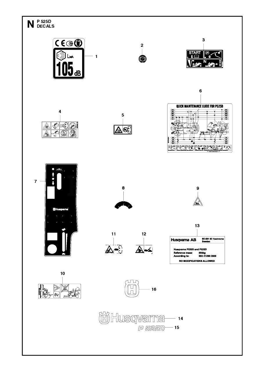 Decals Diagram and Parts List for P525D 20120100001 - 20143999999 Husqvarna Lawn Tractor