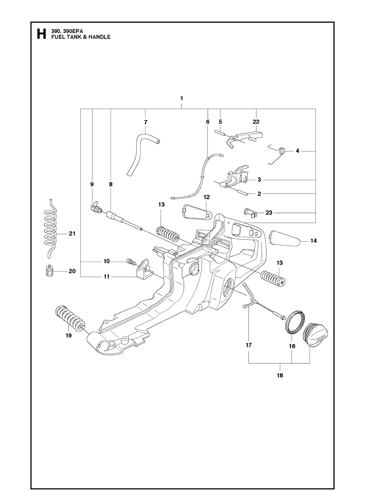 Fuel Tank Handle Diagram and Parts List for 390 2013-09 Husqvarna Chainsaw