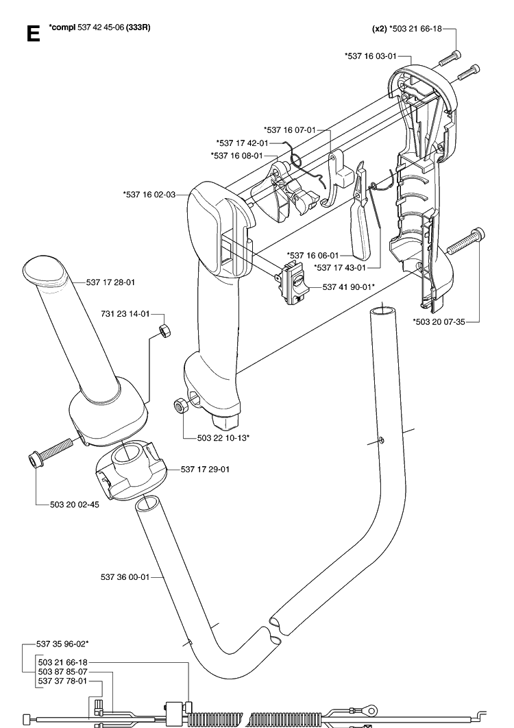 Handle And Controls Diagram and Parts List for 333R 20070100001-20075299999 Husqvarna Brush Cutter