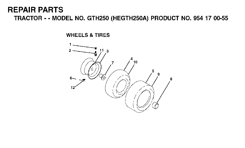 Wheels And Tires Diagram and Parts List for GTH250 (HEGTH250A, 954170055)(2002-03) Husqvarna Lawn Tractor