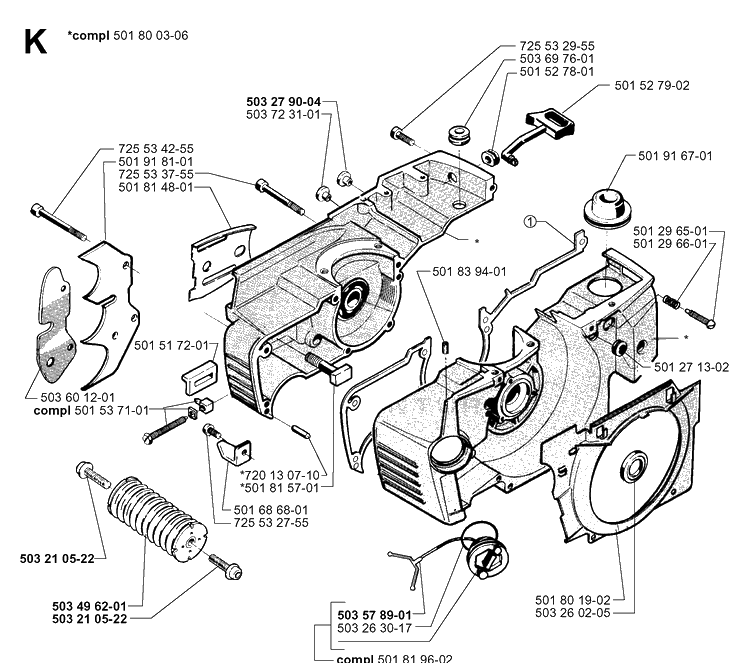 Crankcase Diagram and Parts List for 281 20000600001-20014000000 Husqvarna Chainsaw