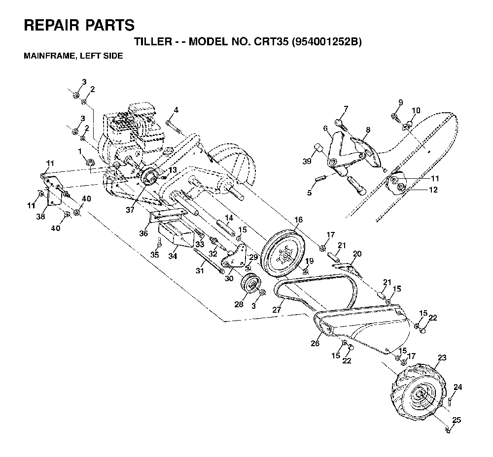 Mainframe, Left Side Diagram and Parts List for CRT35 (954001252B)(1995-03) Husqvarna Tiller